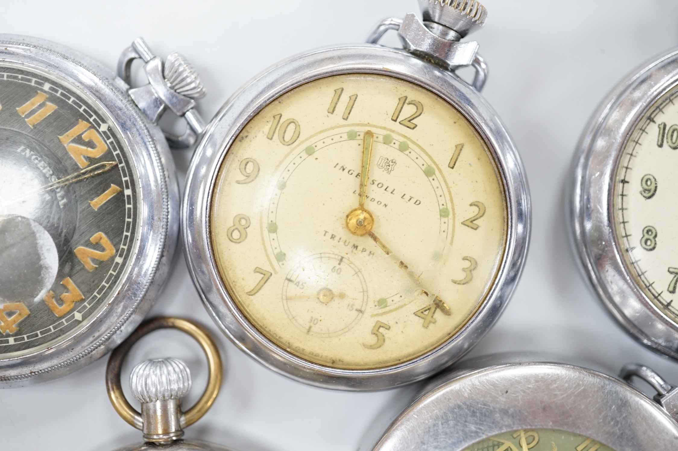 Ten assorted base metal pocket watches including Ingersoll football related, Smiths and Smiths Empire etc.